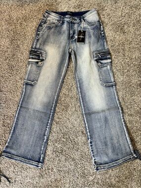 Flamingals Light Blue Wide Leg Cargo Jeans